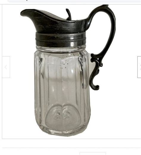 Antique Glass Syrup Pitcher With Hinged Pewter Top And Handle Vintage Jug 1930s Charm For The