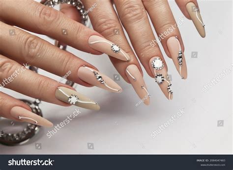 Nude Manicure Rhinestones On Long Nails Stock Photo Shutterstock