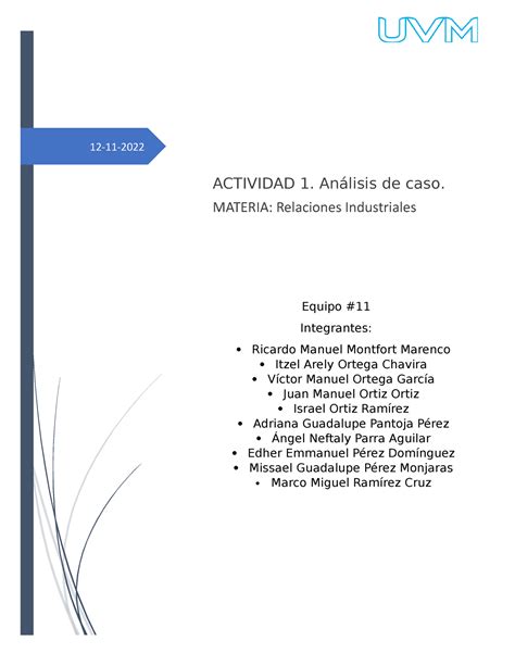 Actividad 1 Relaciones Industriales 12 11 Equipo Integrantes