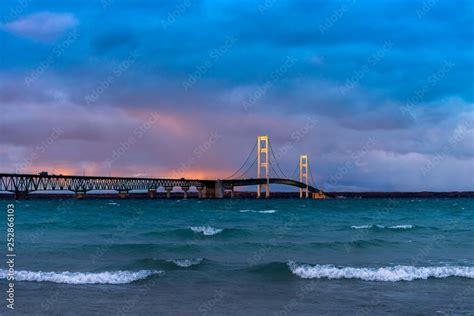 Mackinac Bridge spanning the Straits of Mackinac between the upper and lower peninsulas of ...