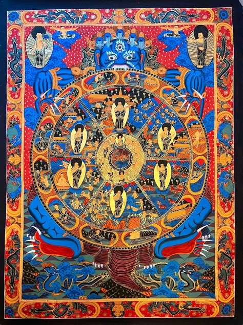 Large Genuine Hand Painted Tibetan Wheel Of Life Bavachakra Thangka