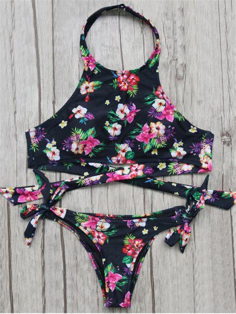 Off High Neck Floral Bikini Top And Bottoms In Black Zaful