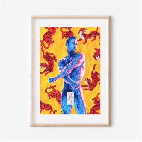 Raw Beauty Male Full Frontal Nudity Art Print With Tiger Background Asian Gay Art For A Bold