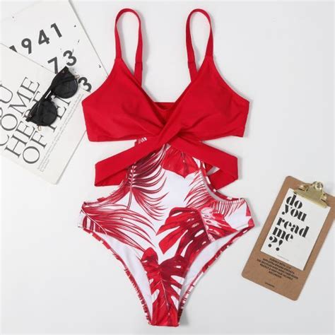 Leaf Print Swimsuit Female Sexy Cross Bandage Swimsuit Triangle One Piece Multicolor Bikini On