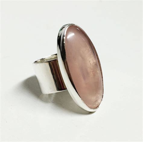 Statement Silver Stone Ring Light Pale Pink Oval Quartz Big Stone Ring