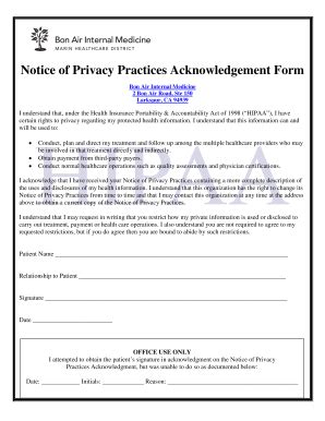 Fillable Online Notice Of Privacy Practices Acknowledgement Form