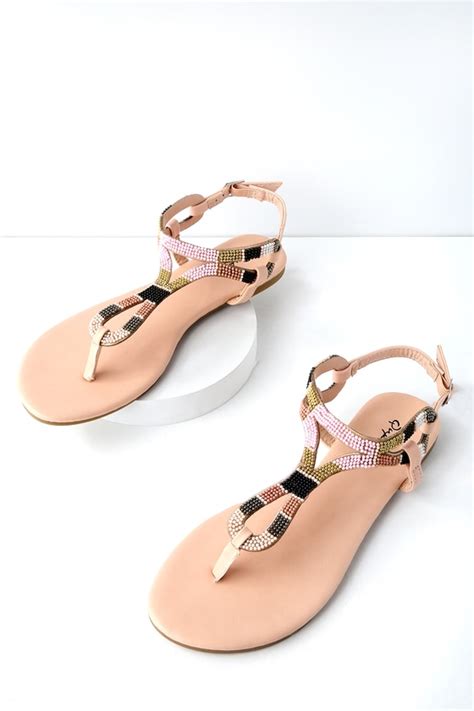 Cute Nude Beaded Sandals Flat Sandals Thong Sandals Lulus