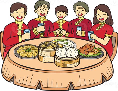 Hand Drawn Chinese family with Chinese food table illustration 17182130 PNG