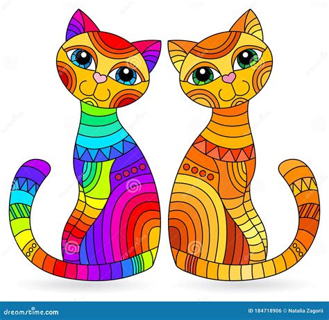 Stained Glass Illustration With Rainbow Cats Isolated Images On White Background Stock