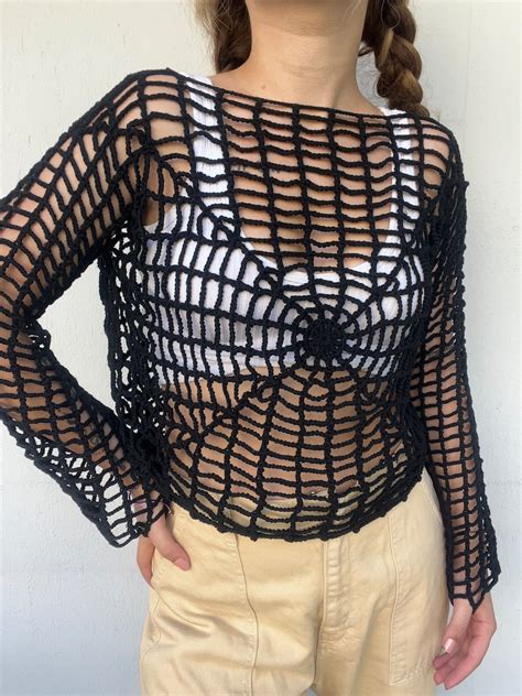 Black Spiderweb Crop Top Crochet Spider Blouse Spider Web Etsy