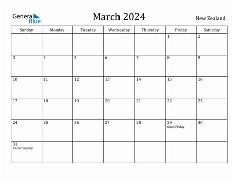 March 2024 Monthly Calendar with New Zealand Holidays