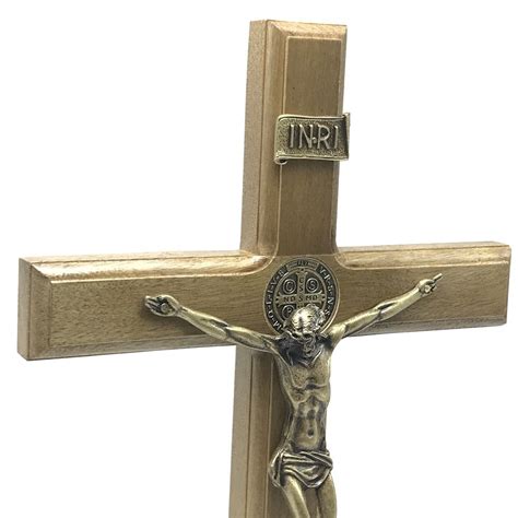 Crucifixo De Mesa Madeira Metal Ouro Velho S O Bento Cm