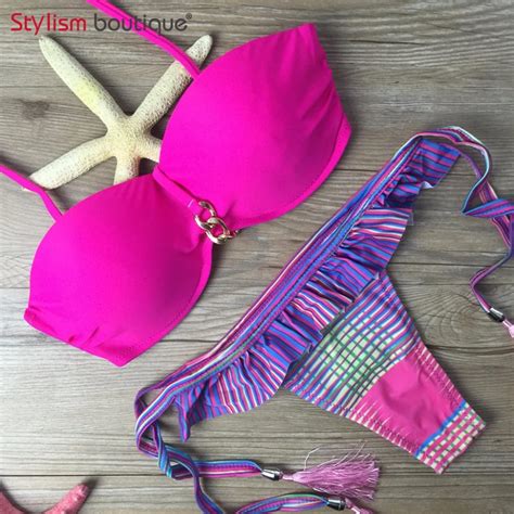 Bandeau Maillot De Bain Push Up Bandeau Top Boucle Bikini Taille Haute Maillot De Bain