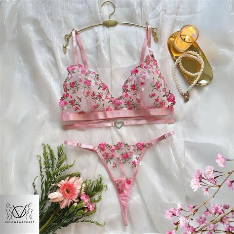 Fairy Floral Transparent Heart Lingerie Set Sensual Thongs Fancy French Underwear Pink