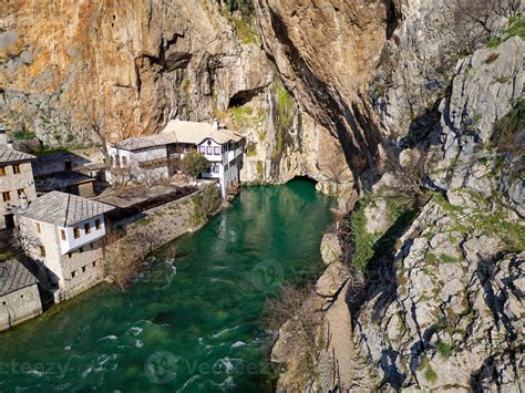 Aerial Drone View Of Tekija In Blagaj In Bih The Tekija Dervish House