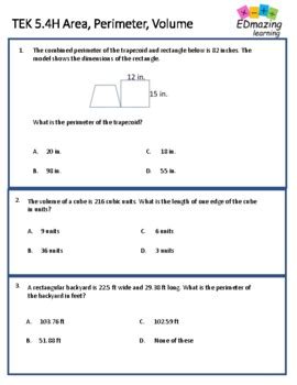 Tek H Perimeter Area Volume Staar Practice Teks Mastery