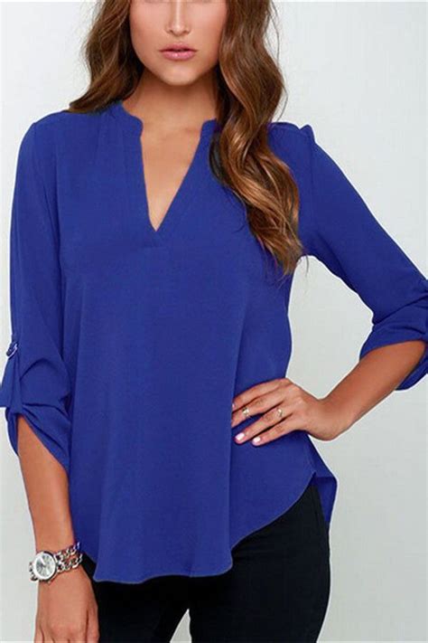 Royal Blue V Sionary Trendy Women V Neck Chiffon Blouse Top Chiffon