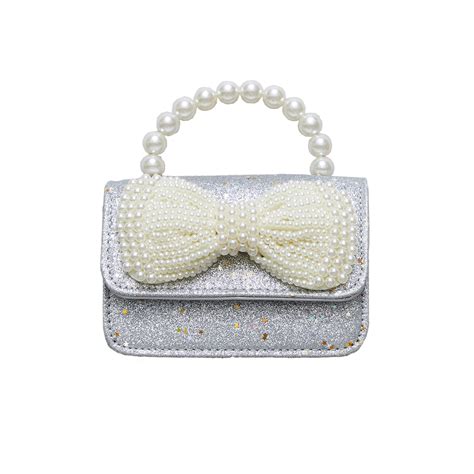 Glitter Pearl Handle Bow Bag Silver Pink Chicken