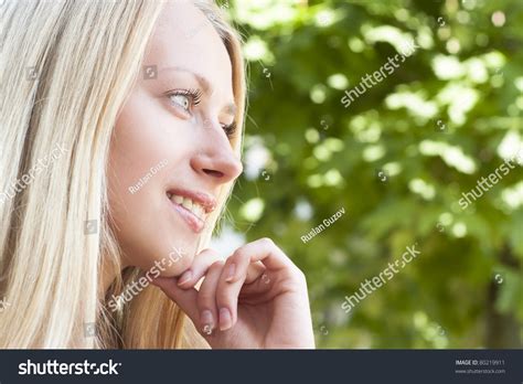 Happy Cute Blonde Stands Park Stock Photo Shutterstock
