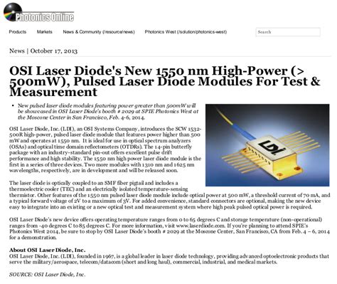 Communication Components And High Power Lasers Osi Laser Diode Inc