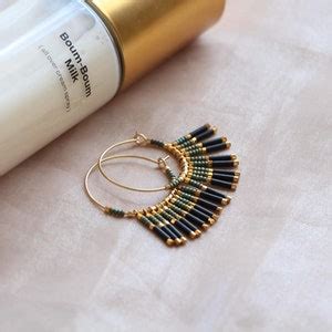 B O BAMBOU Golden Hoop Earrings With Miyuki Bead Fringes 24K Gold