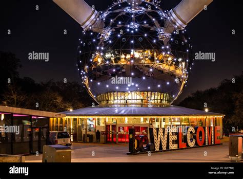 Brussels, Belgium, Jan 2019: The Atomium in night, Atomium depicts nine ...