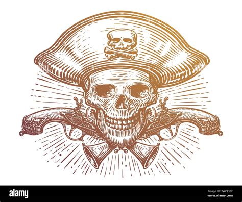 Pirate Skull Skeleton In Pirates Captain Hat And Crossed Pistols