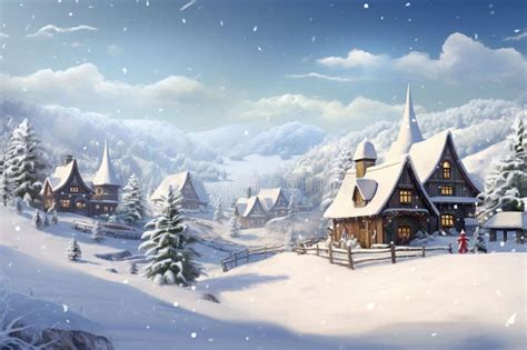 Clic Christmas Card with a Snowy Village Scene Stock Illustration ...