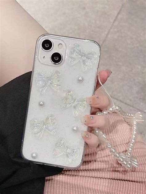 Bow Knot Decor Clear Phone Case With Faux Pearl Beaded Lanyard Shein Uk