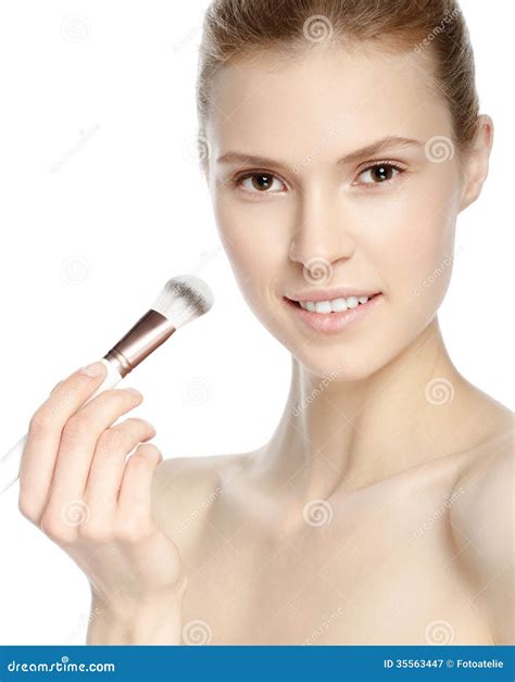 Beauty Girl With Makeup Brush Natural Make Up Nude Make Up Stock