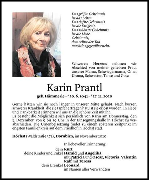 Todesanzeigen Von Karin Prantl Todesanzeigen Vorarlberger Nachrichten