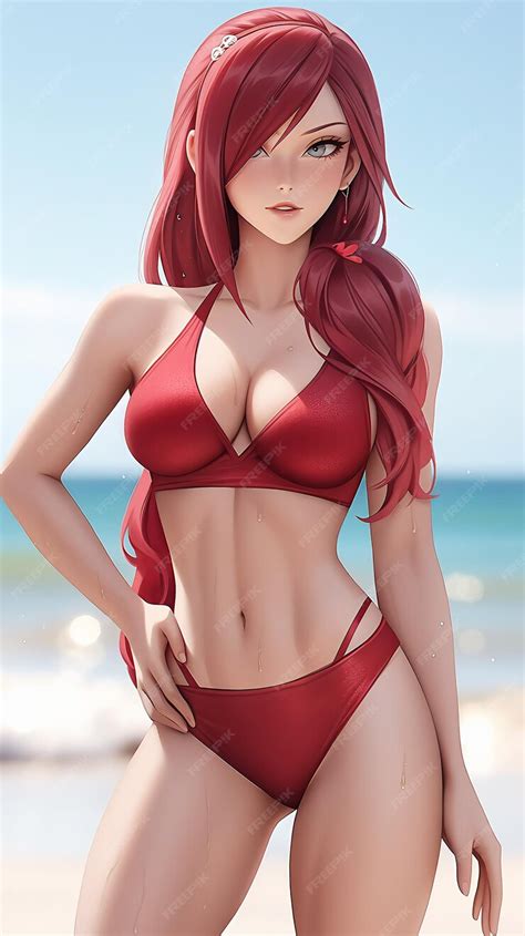 Premium Photo Beautiful Redhead Anime Girl In Red Bikini Standing On A Beach