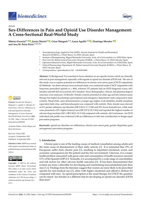 Pdf Sex Differences In Pain And Opioid Use Disorder Management A Cross Sectional Real World Study