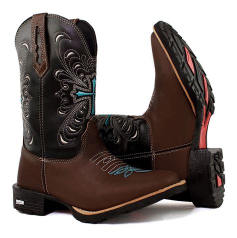 Bota Texana Feminina Country Cowgirl Bico Quadrado Conforto