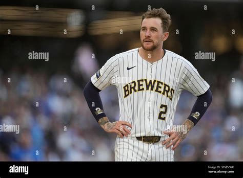 Milwaukee Brewers' Brice Turang looks on during the sixth inning of a