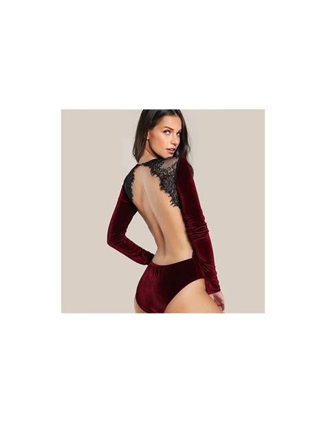 Backless Velvet Lace Bodysuit Burgundy Elegant Women Applique Long