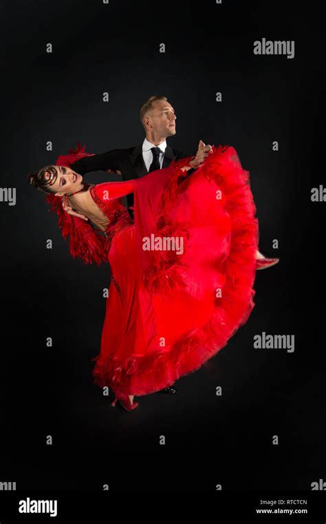 Dance Ballroom Couple In Red Dress Dance Pose Isolated On Black Background Sensual Professional