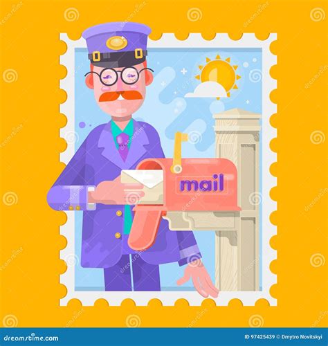 Postman In Purple Uniform Delivering Mail Putting Letters In Mailbox