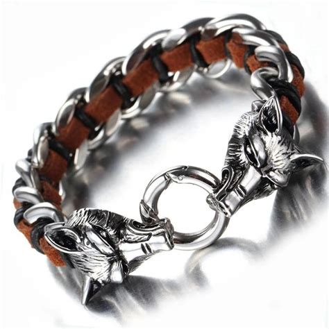 Leather Stainless Steel Bracelet For Men Cuff Braided Bangle Wolf Heads