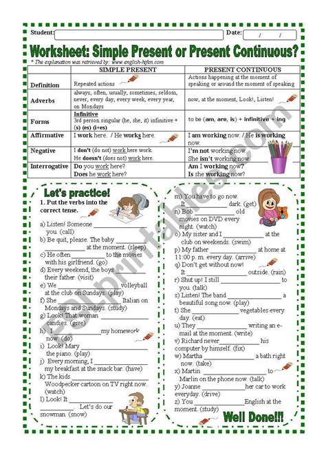 Worksheet Simple Present Or Present Continuous English Grammar