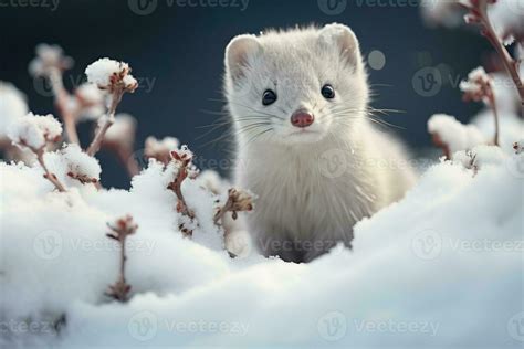 Cute Tiny White Winter Ermine In A Snow With Dry Plants On A Blurred