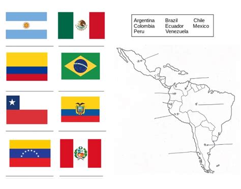 Latin America (flags and map) — Printable Worksheet