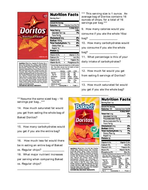 Nutrition Label Worksheet Answer Key Reading Food Labels Nutrition