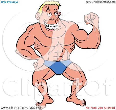 Clipart Of A Caucasian Bodybuilder Muscle Man Flexing His Bicep Royalty Free Vector