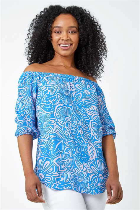 Petite Floral Print Bardot Top In Blue Roman UK