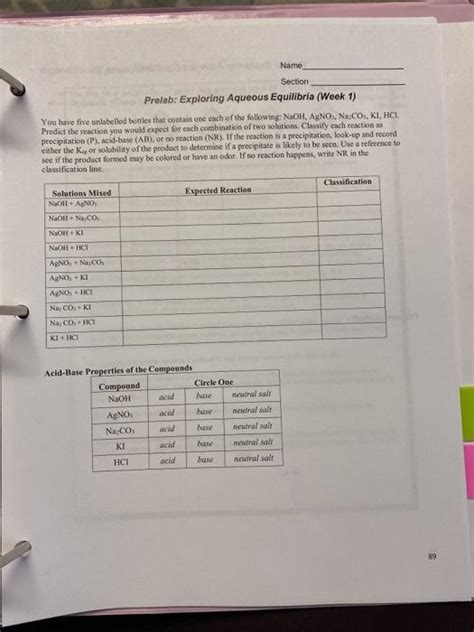 Solved Name Section Prelab Exploring Aqueous Equilibria Chegg