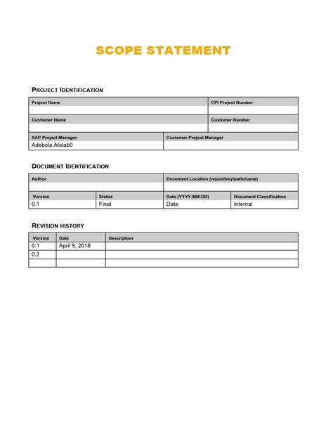 Scope Statement Template Download Free Pdf Project Management Information Technology