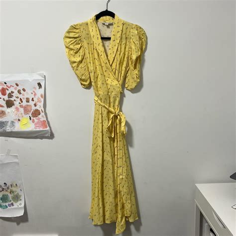 Jill Stuart Yellow Floral Print Wrap Dress With Puff Depop