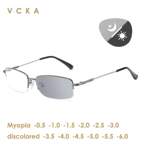 Vcka Half Frame Discoloration Myopia Glasses Men Women Anti Blue Light Fashion Memory Metal