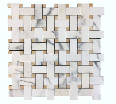 Calacatta Gold X Basketweave Mosaic W Gold Dot Polished